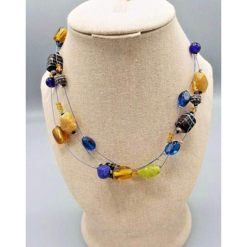 Chico's Bohemian Triple Strand Wire Glass Blue Citrine Bead Short 20